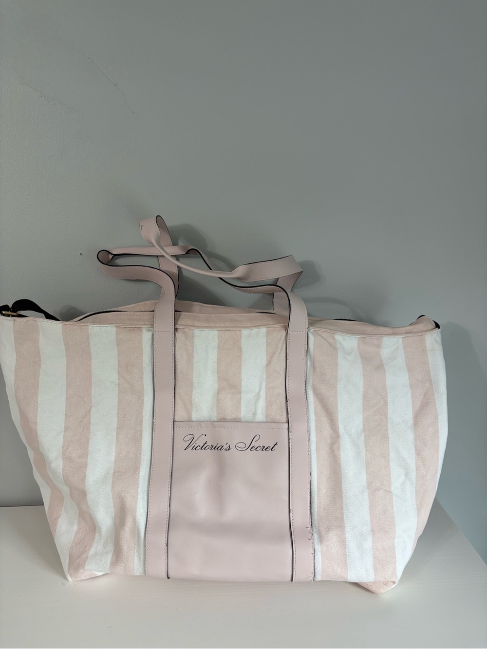 Victoria’s Secret Stripe Weekender Tote Pink White Y2K Coastal Flaws
